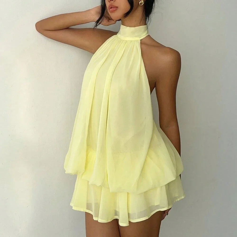 Light Yellow Elegant Women's Chiffon Mini Halter Dress - Picture 5 of 7